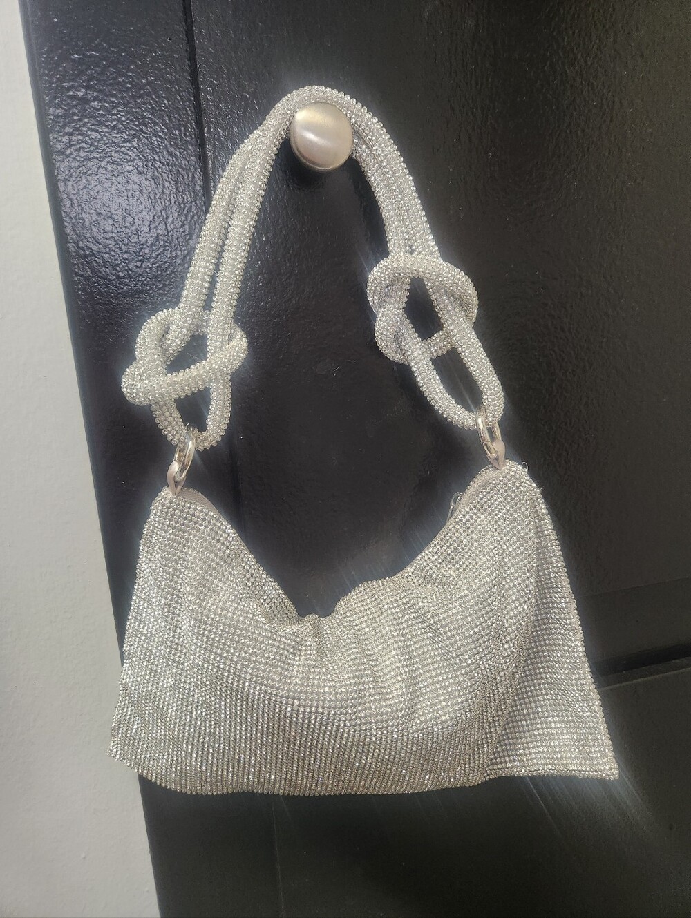 Silver Rhinestone Knot-Handle Evening Bag - New